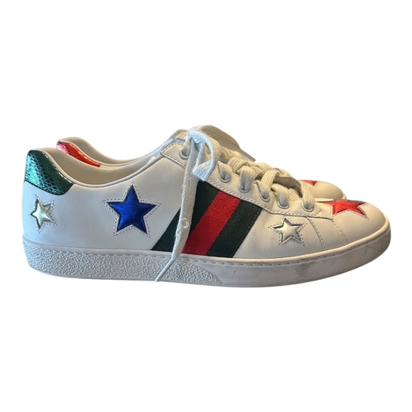 Gucci Ace Star Sneakers – White & Metallic Red/Green Leather – Size 44 EU (US 11 - Picture 5 of 6